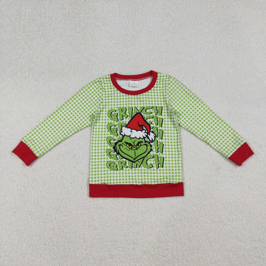 BT1321 Christmas green face checkered long sleeve boys top