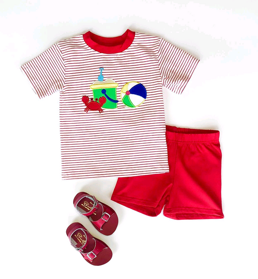 preorder BSSO1049 beach ball crab red striped short sleeve red shorts boys set