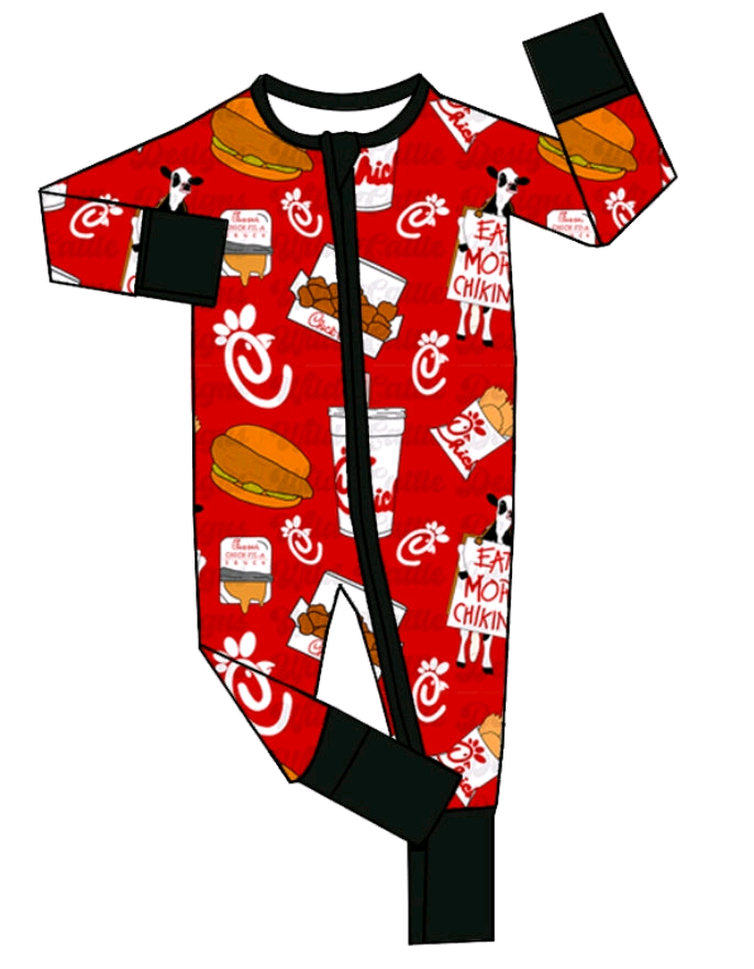 custom moq 3 cartoon hamburger red zipper long sleeve boys romper