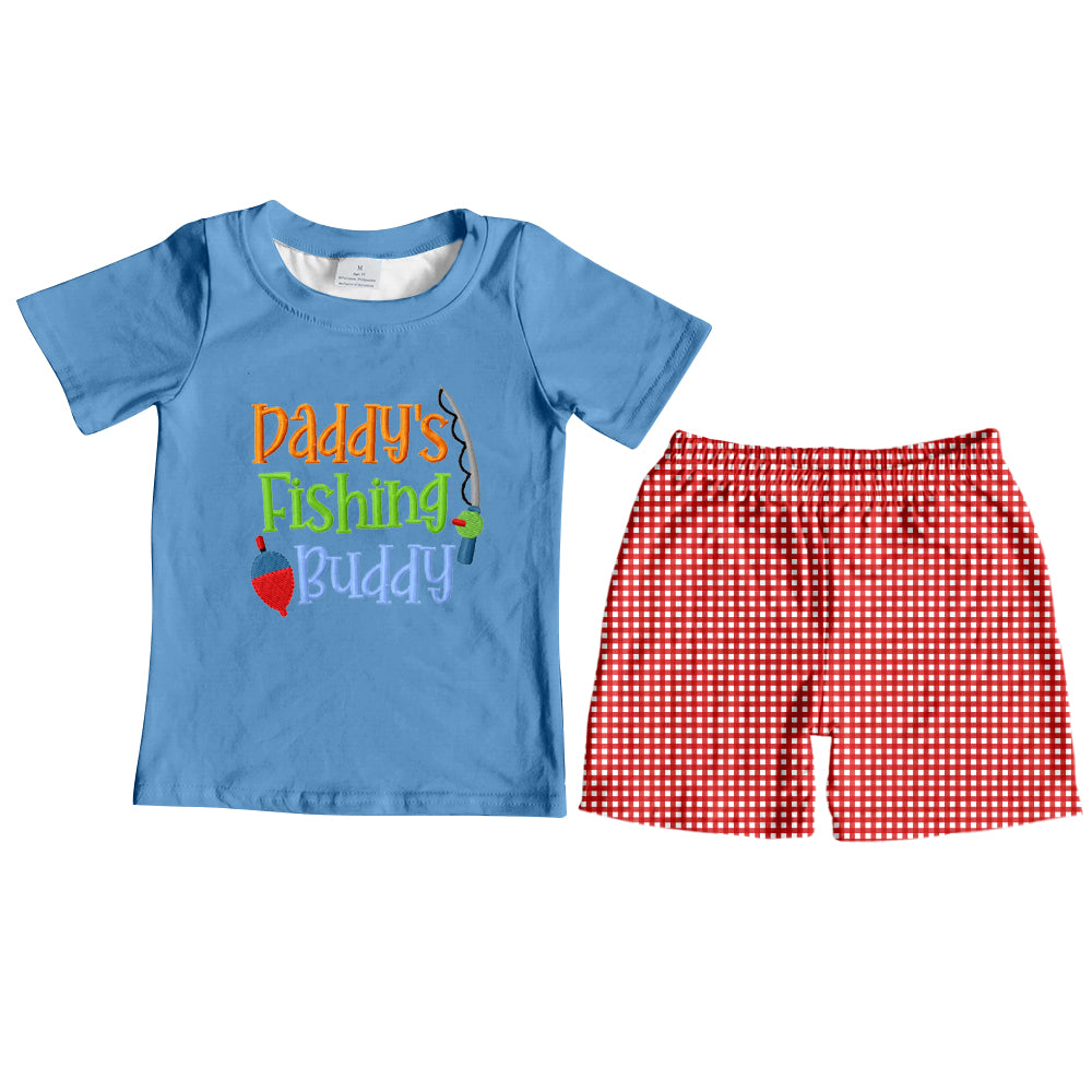 preorder BSSO0318 Daddys fishing buddy blue short sleeve red checkered shorts boys set