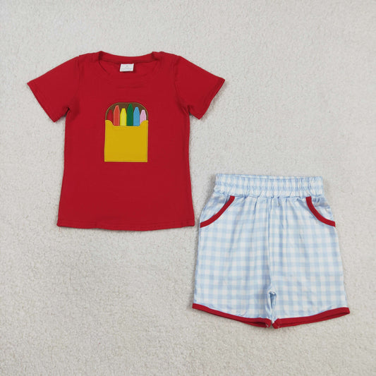Embroidery BSSO1819 Back To School Pen Red Short Sleeve Shorts Boys Set
