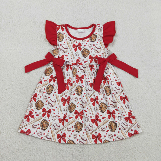 GSD3455 Baseball Bows Red Flutter Sleeve Girls Dress