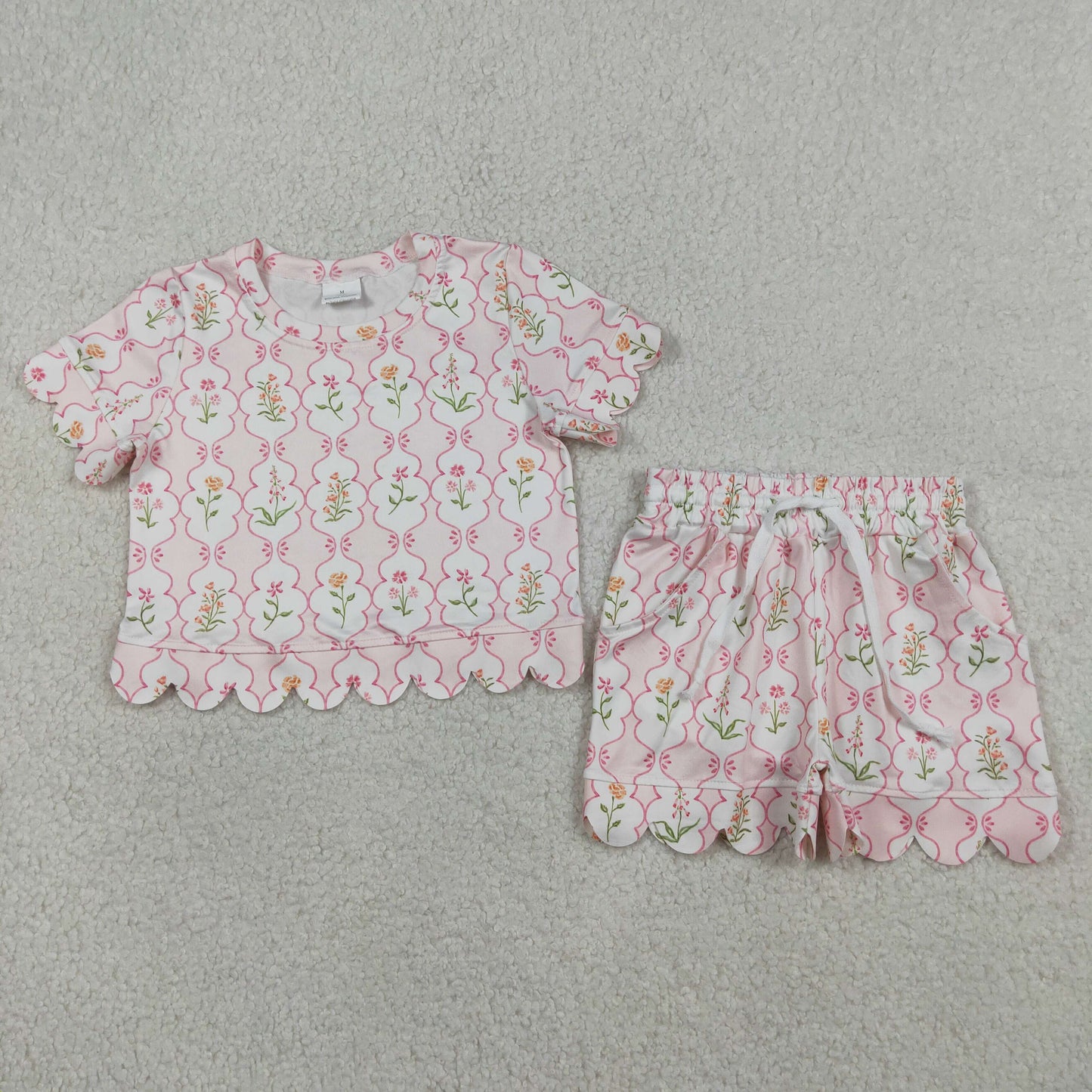 GSSO3271 Scallop Pink Flowers Short Sleeve Shorts Girls Set