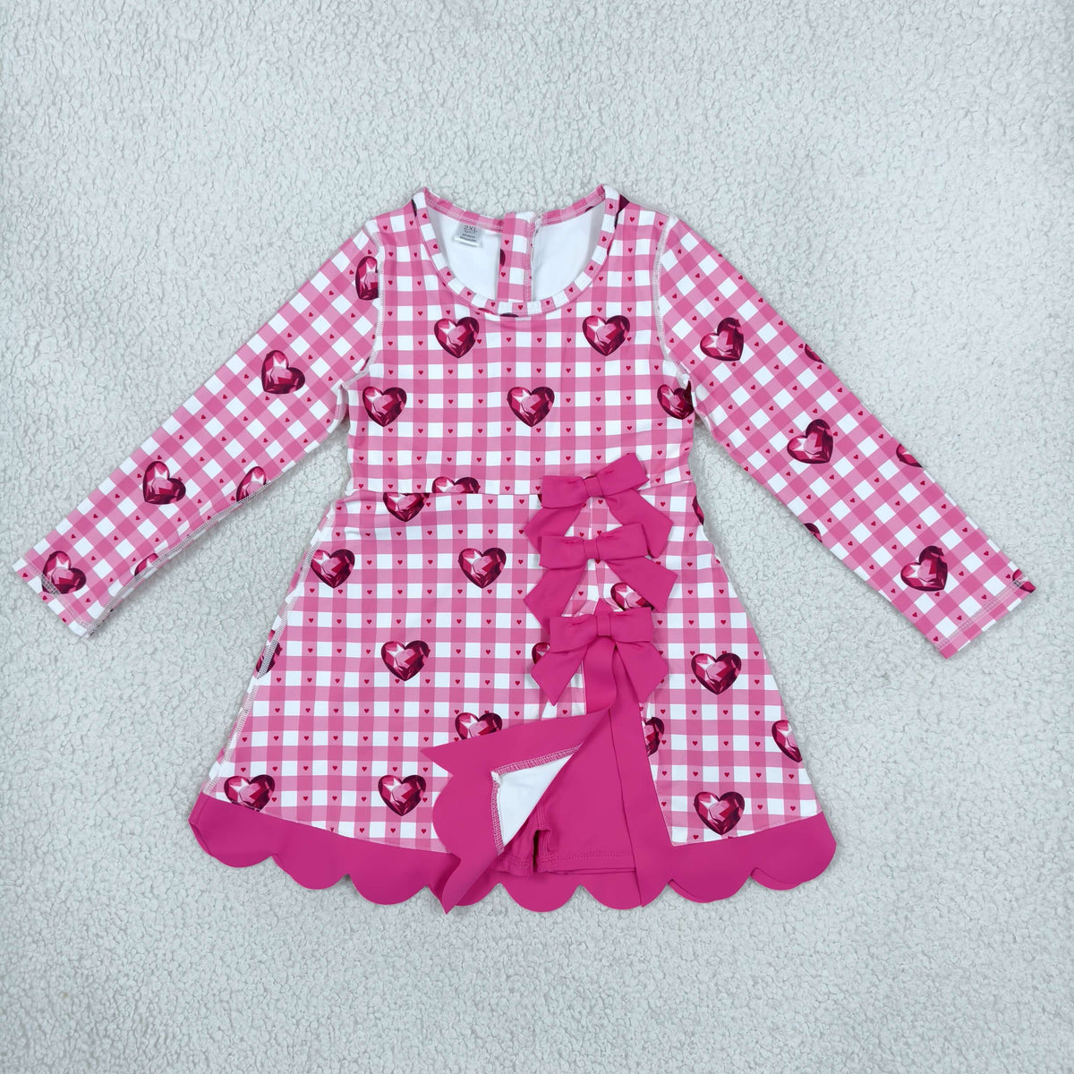 GLD1750 Yoga Valentine's Heart Pink Checkered Long Sleeve Girls Dress