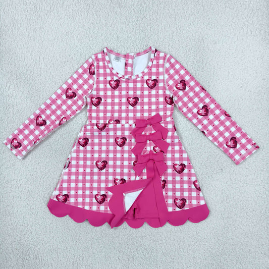 GLD1750 Yoga Valentine's Heart Pink Checkered Long Sleeve Girls Dress