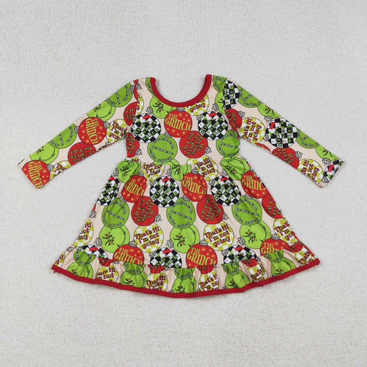 GLD1296 Christmas green face light red long sleeve girls dress