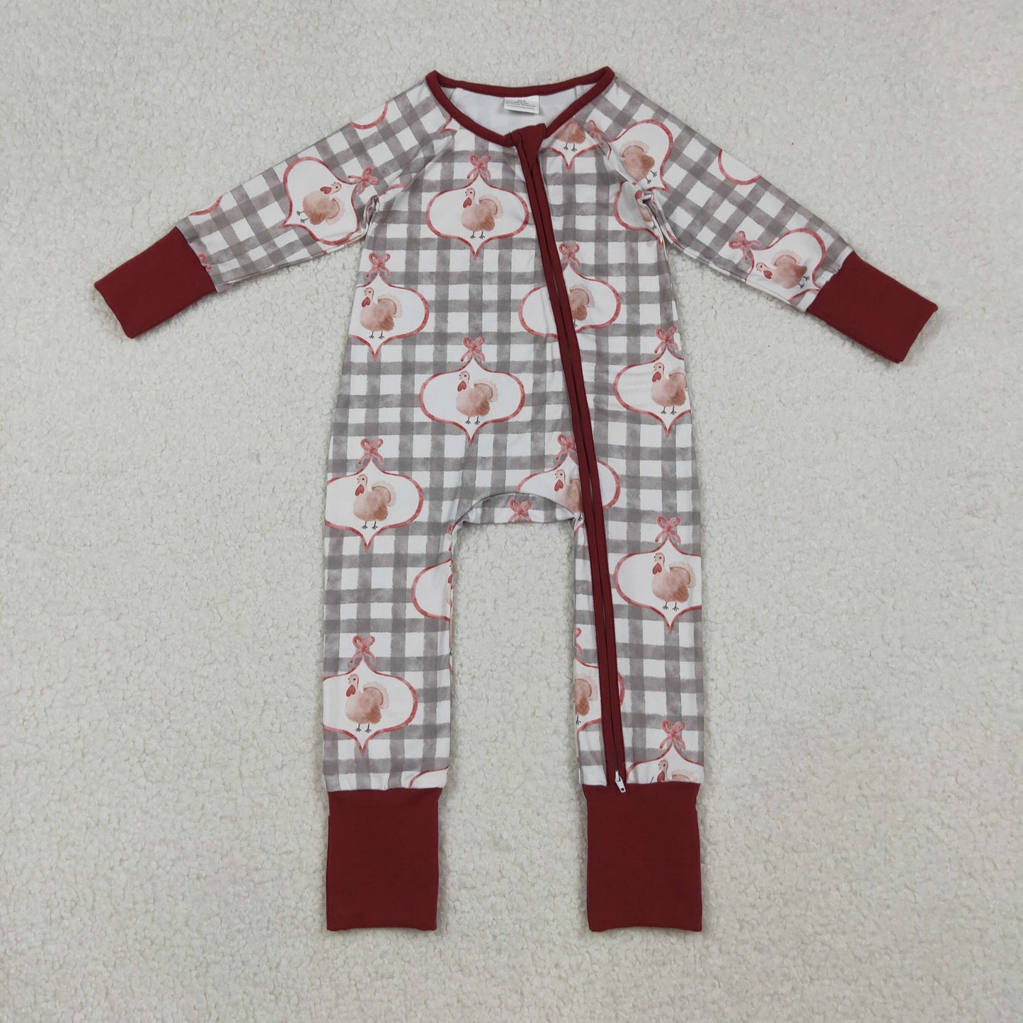 LR2691 Thanksgiving turkey green checkered zipper long sleeve girls romper