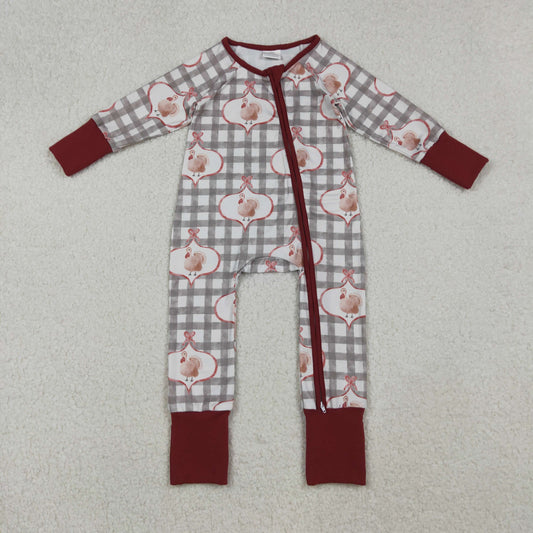 LR2691 Thanksgiving turkey green checkered zipper long sleeve girls romper