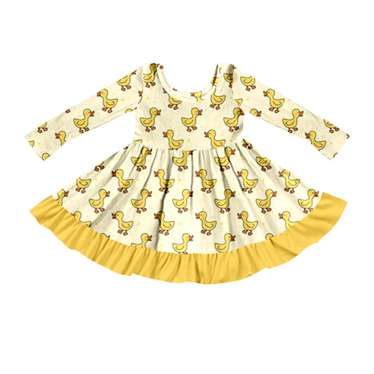 moq 3 custom Yellow Cartoon Duck Long Sleeve Girls Dress