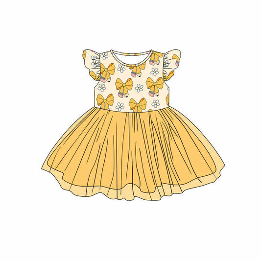 custom back to school pen bows flowers flutter sleeve yellow flutter sleeve girls dress