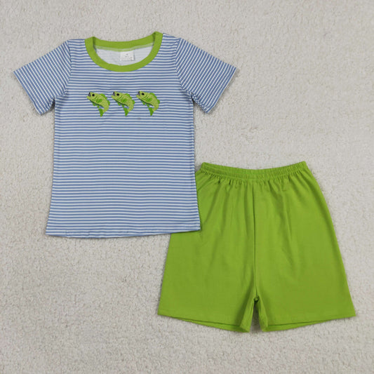 Embroidery BSSO2001 Fishing Short Sleeve Green Shorts Boys Set