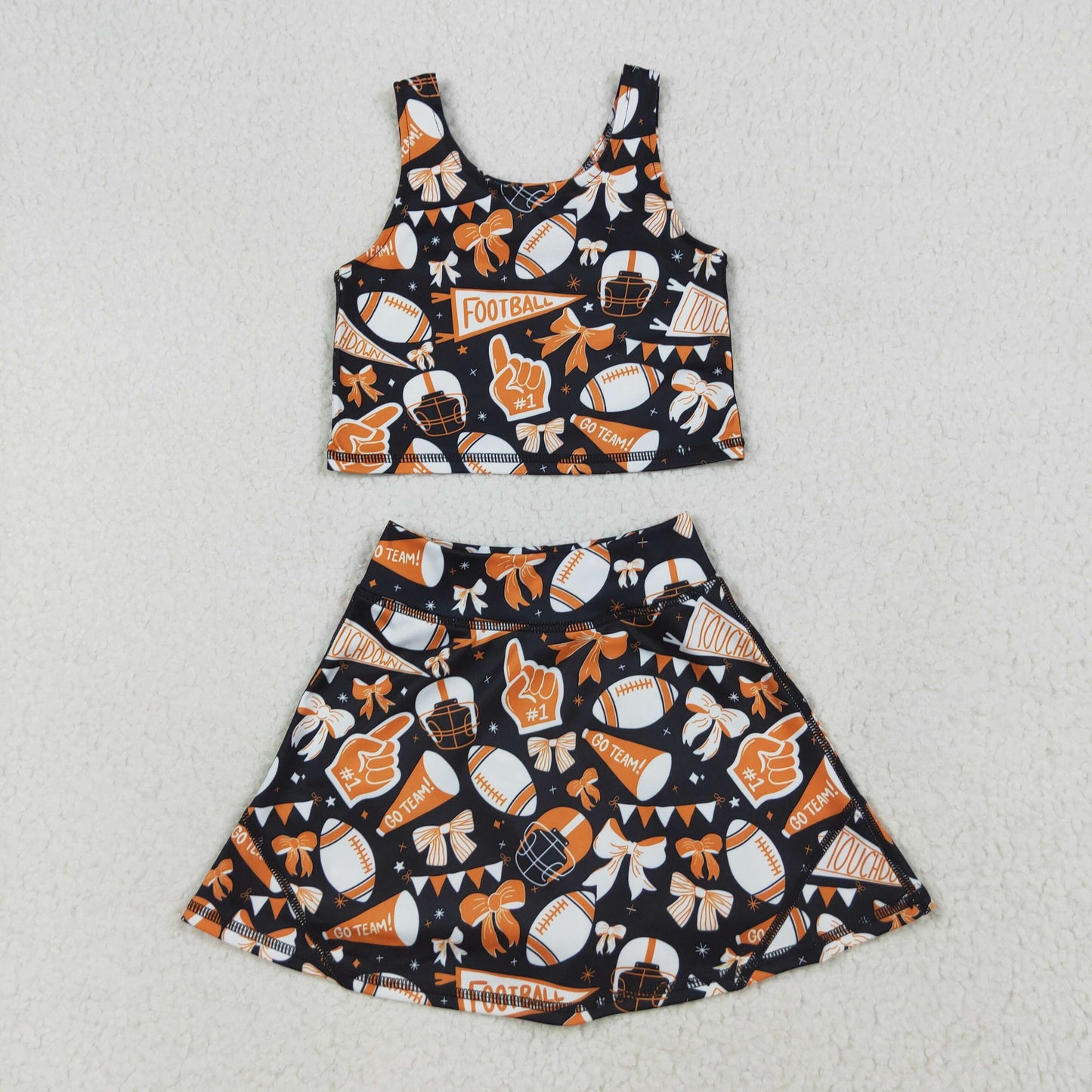 GSD2687 yoga football team cheer bows orange/black sleeveless skirt skorts girls set