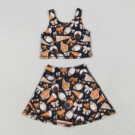 GSD2687 yoga football team cheer bows orange/black sleeveless skirt skorts girls set