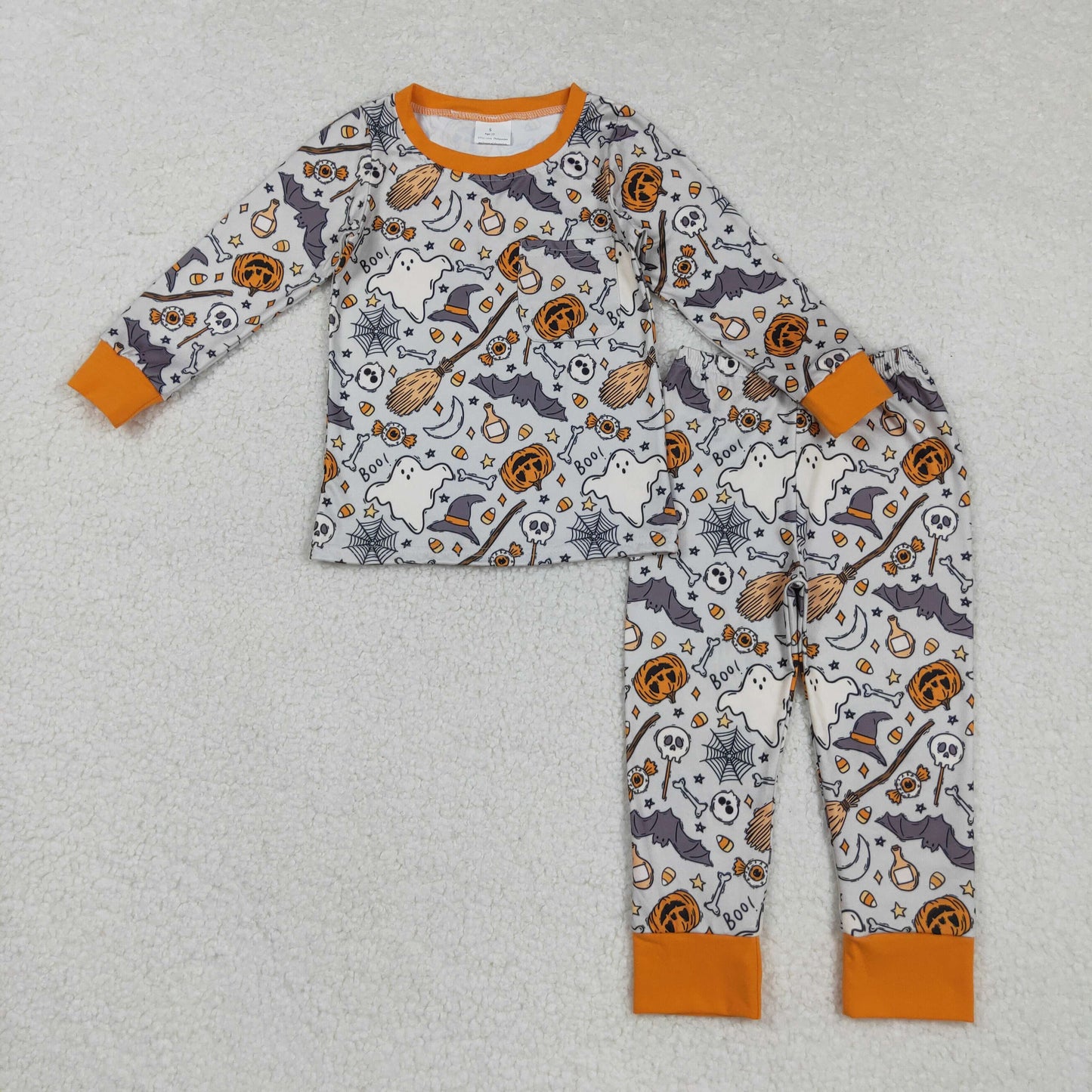 Custom moq 20 bamboo Halloween spooky bat pumpkin orange long sleeve pants boys pajamas