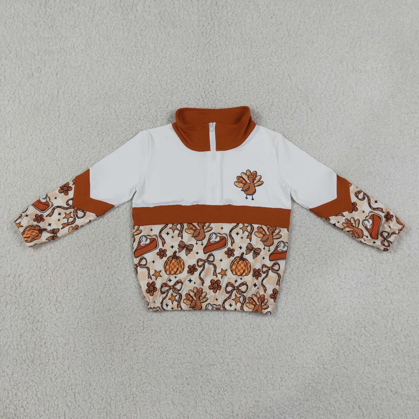 GT1723 Thanksgiving Turkey Pie Zipper Long Sleeve Girls Top