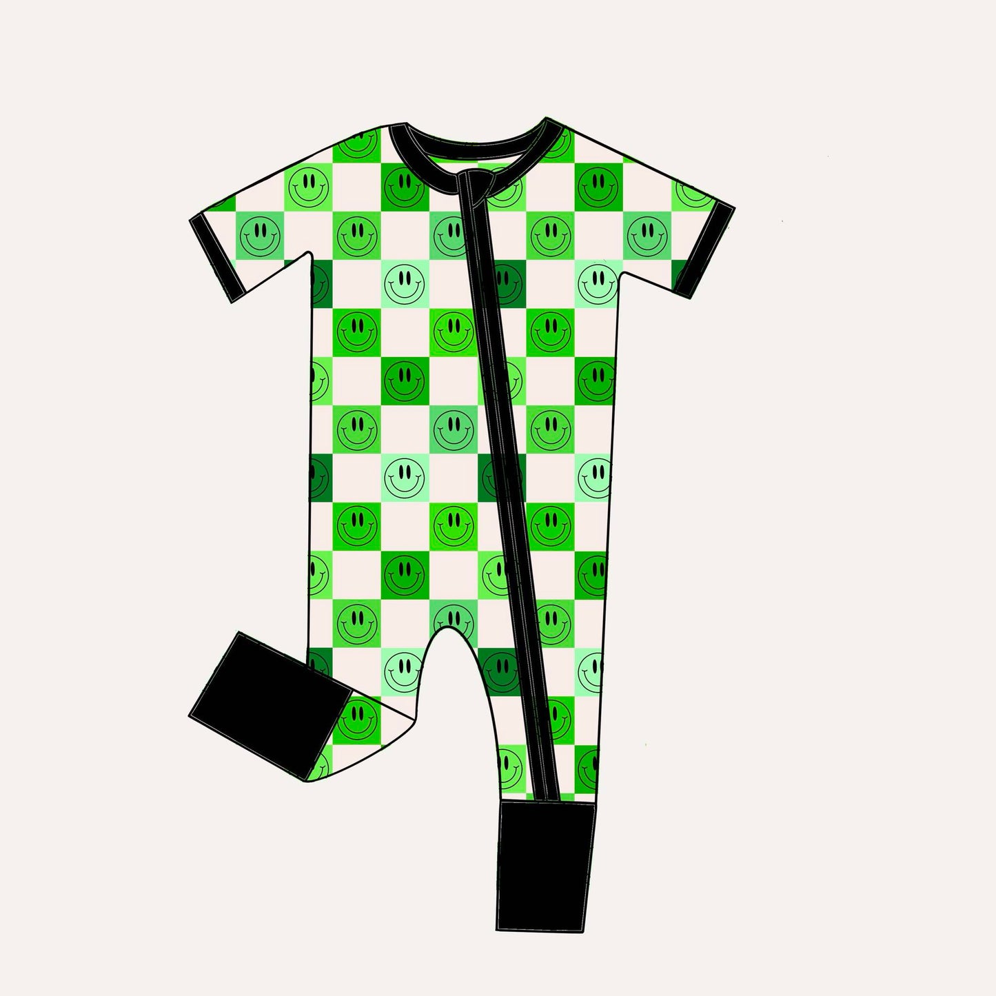 Custom Cartoon Green Smile Checkered Short Sleeve Zipper Boys Romper