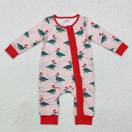 bamboo LR1862 Christmas mallard duck hat pink long sleeve zipper girls romper