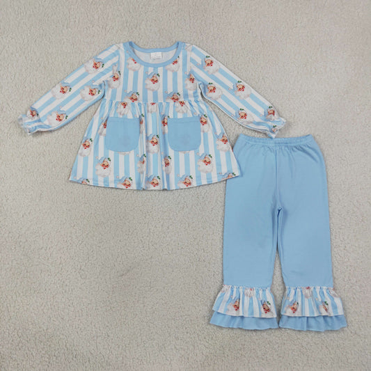 GLP3455 Christmas Santa Pockets Long Sleeve Blue Pants Girls Set