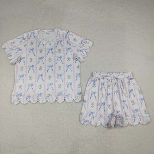 GSSO3405 Scallop Blue Bows Flowers Short Sleeve Shorts Adult Women Pajamas