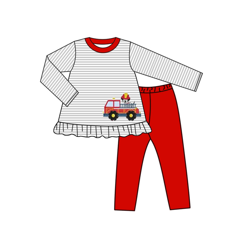 custom S firetruck grey striped long sleeve red pants girls set