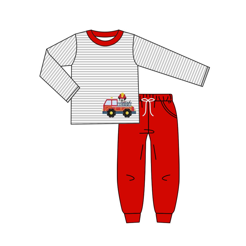 custom S firetruck grey striped long sleeve red pants boys set