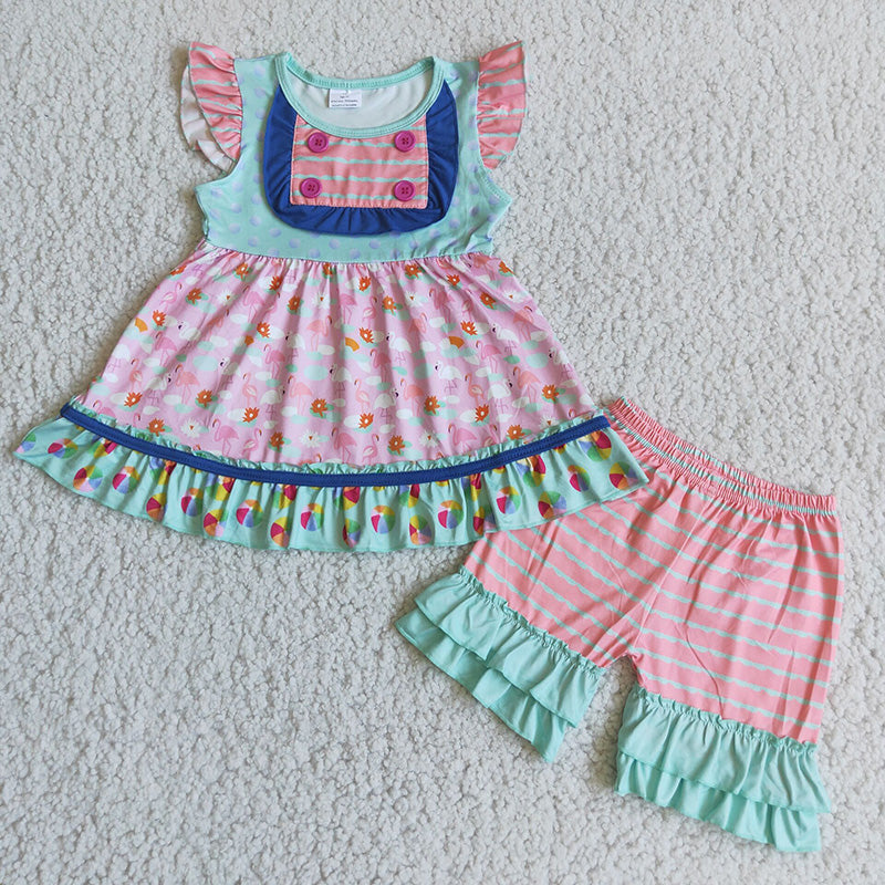 C7-22 Flamingo Summer Girls Short Sleeve Outfits