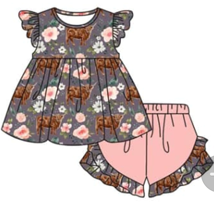 custom S highland cow flowers flutter sleeve pink shorts girls set