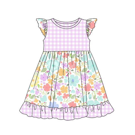 custom S colorful flowers purple checkered flutter sleeve girls dress