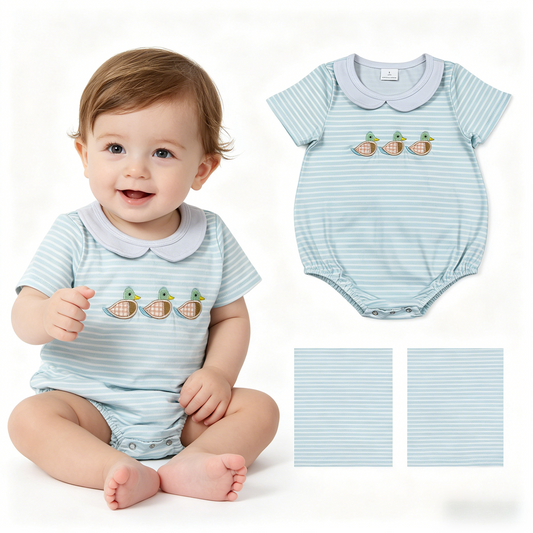 Embroidery SR4081 Mallard Duck Blue Short Sleeve Boys Romper