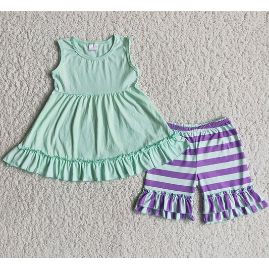 C4-9 Green Dress Top Match Striped Print Shorts Summer Set