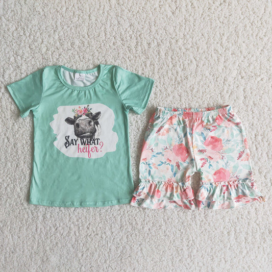 C4-16 Say What Heifer Floral Print Shorts Girls Set