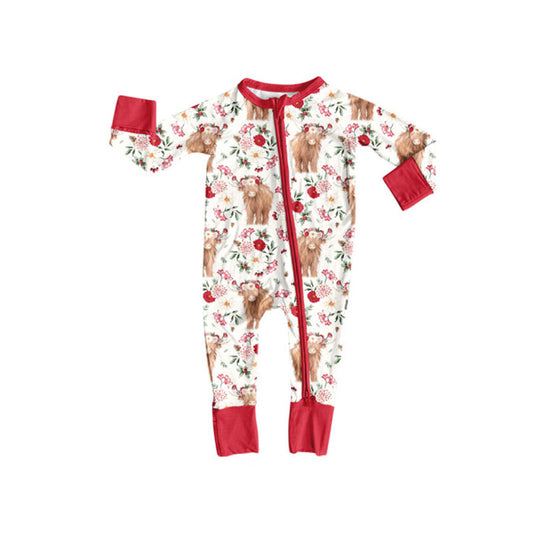 custom moq 5 highland cow flowers red zipper long sleeve girls romper