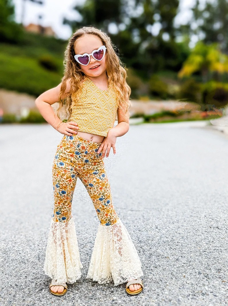 preorder GSPO0750 Yellow Pattern Short Sleeves Flowers Pants Girls Clothes