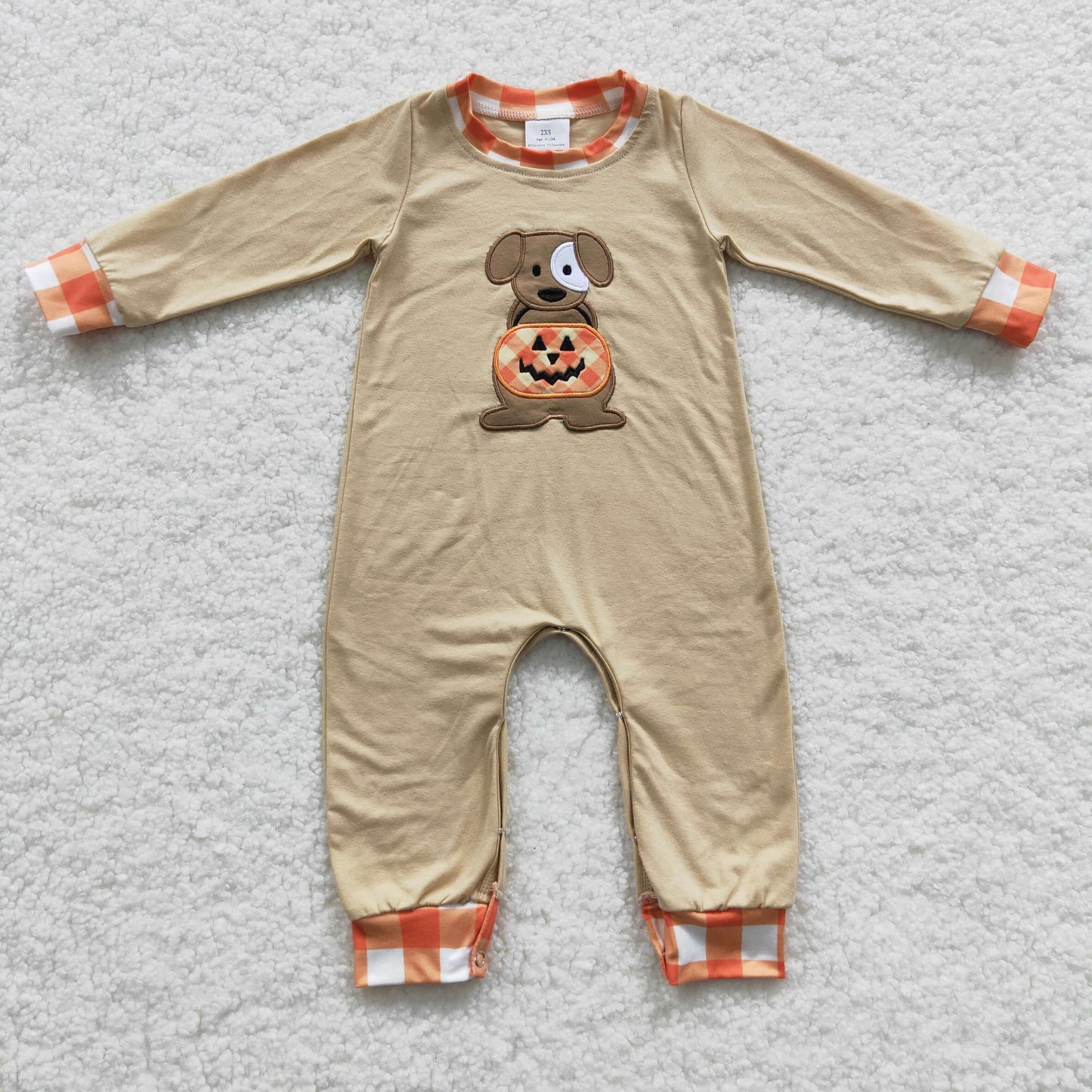 LR0291 Halloween Embroidery Dog Pumpkin Long Sleeves Boys Romper