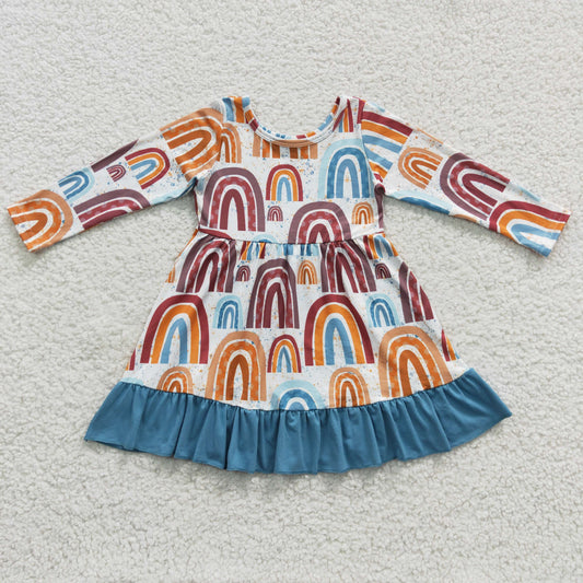 GLD0205 Colorful Rainbow Print Long Sleeves Girls Dress