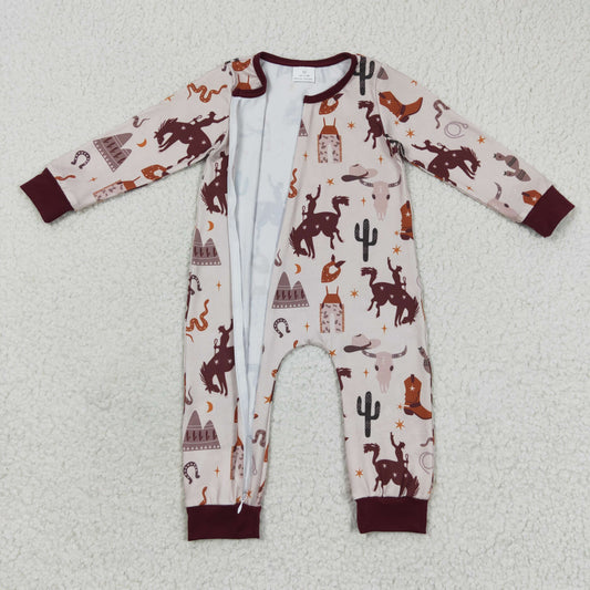 Custom moq 20 bamboo Western Horse Riding Cactus Brown Long Sleeves Kids Romper