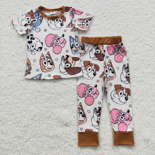 Cartoon Dogs Brown Short Sleeves Kids Pajamas