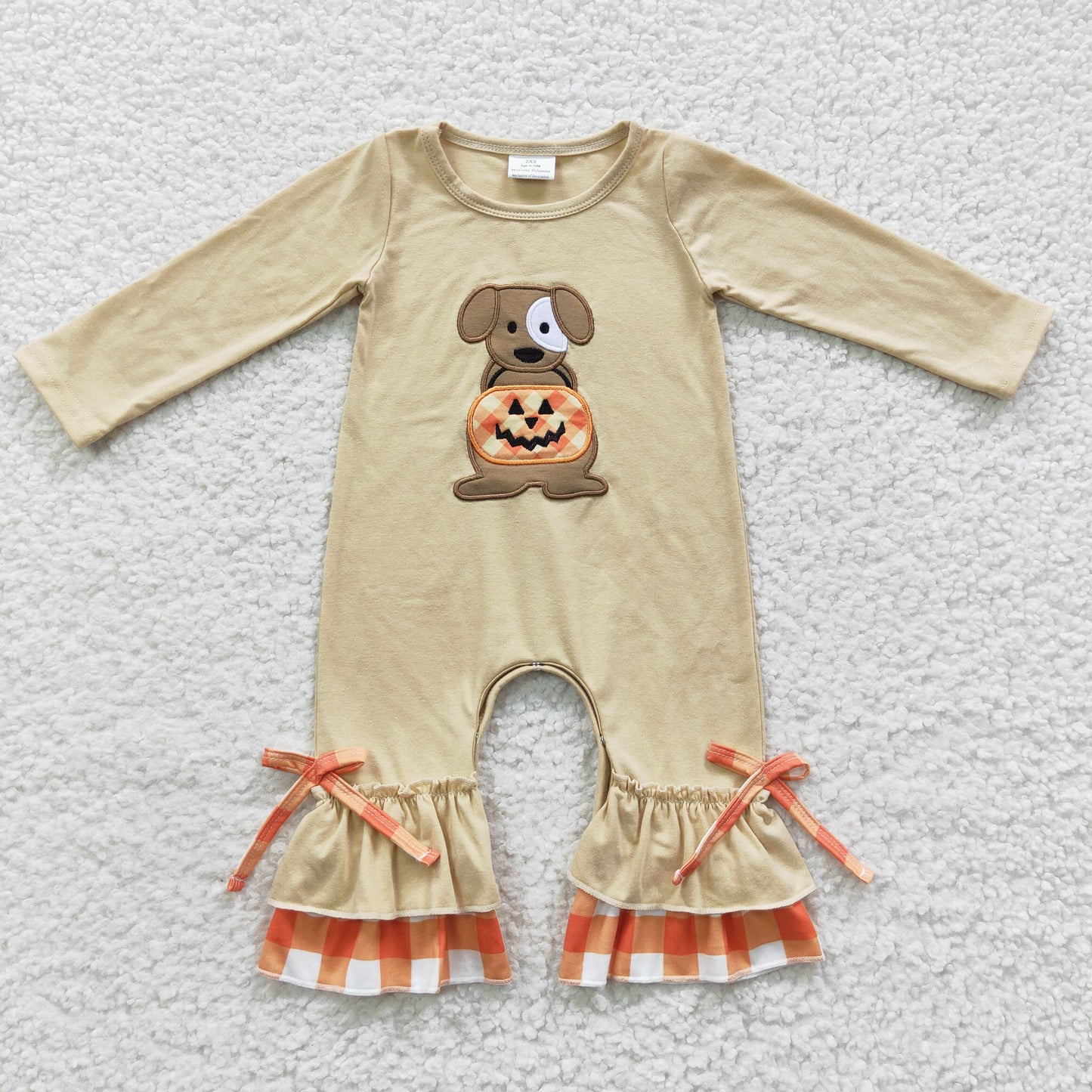 LR0290 Halloween Embroidery Dog Pumpkin Long Sleeves Girls Romper