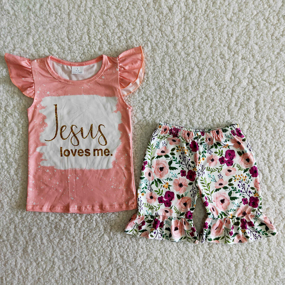 Jesus Loves Me Floral Print Shorts Girls Set