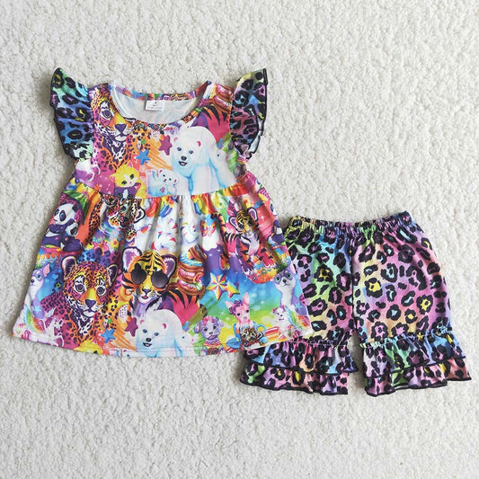 C16-3 Purple Leopard Print Shorts Tiger Cartoon Bear Set