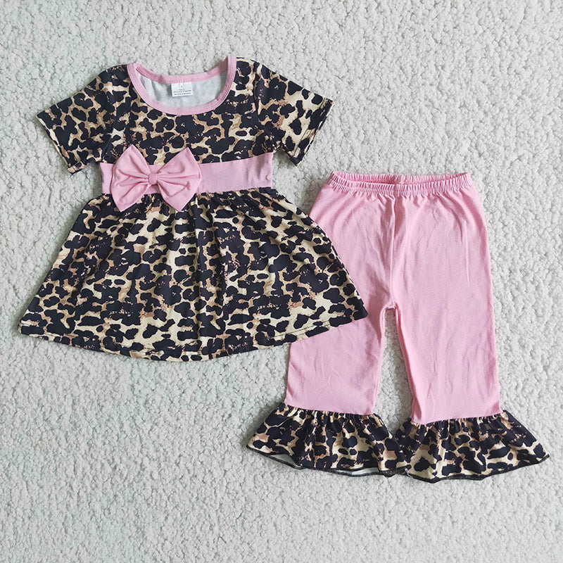 Pink Bow Short Sleeve Leopard Print Girls Set