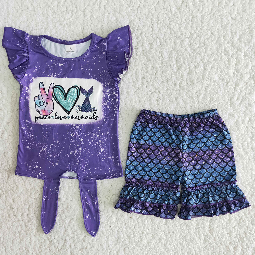 Peace Love Mermaid Purple Summer Shorts Set