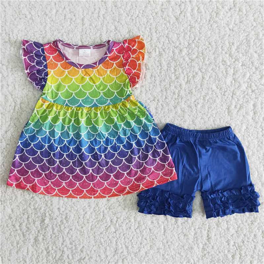 Tie Dye Flutter Sleeve Fish Summer Blue Shorts Girls Set