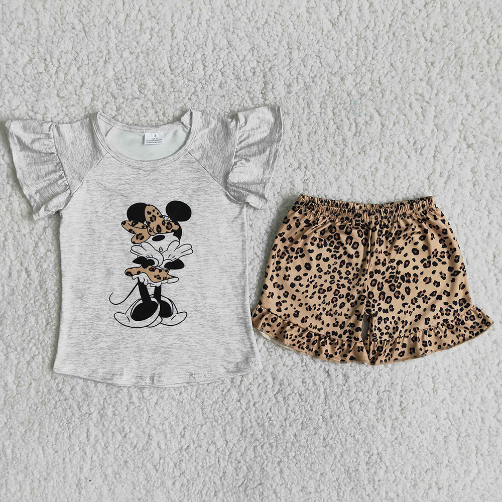 C0-14 Cartoon Cartoon Flutter Sleeve Leopard Print Shorts Set