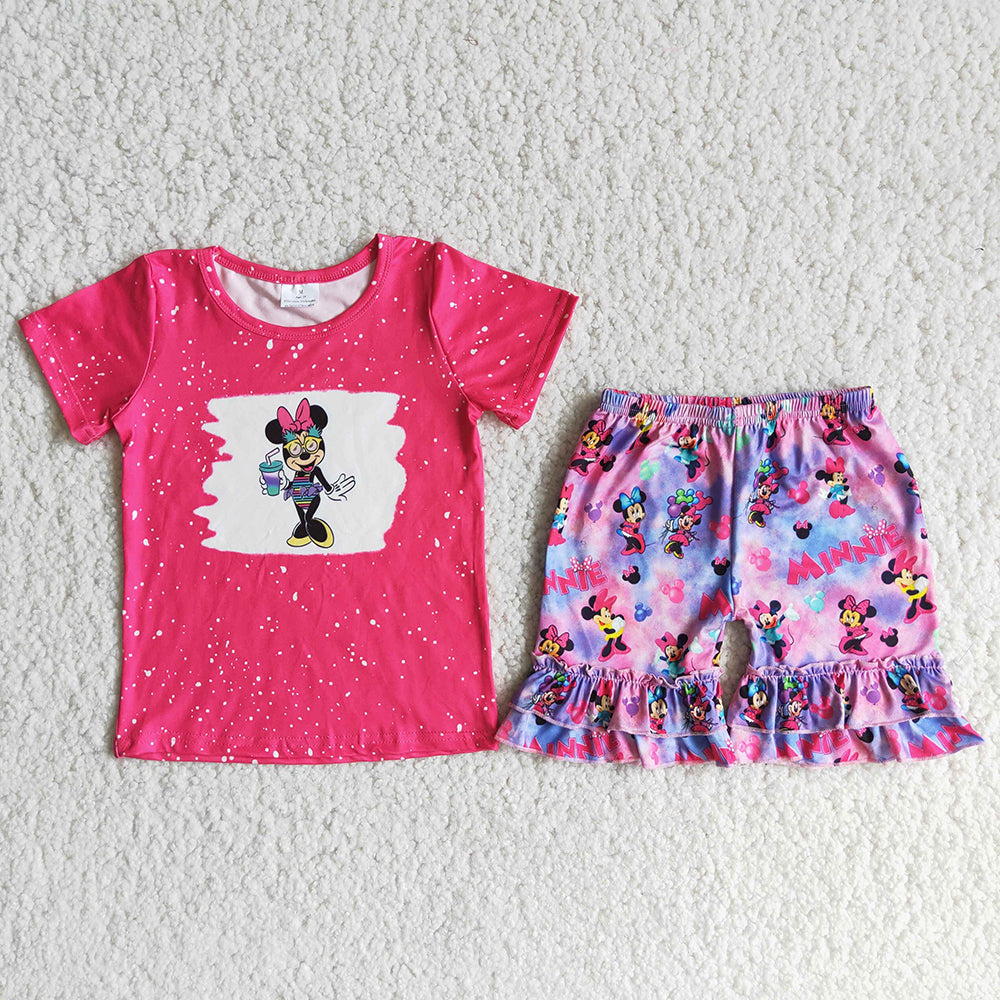 D12-28 Hot Pink Cartoon Baby Girls Summer Shorts Set