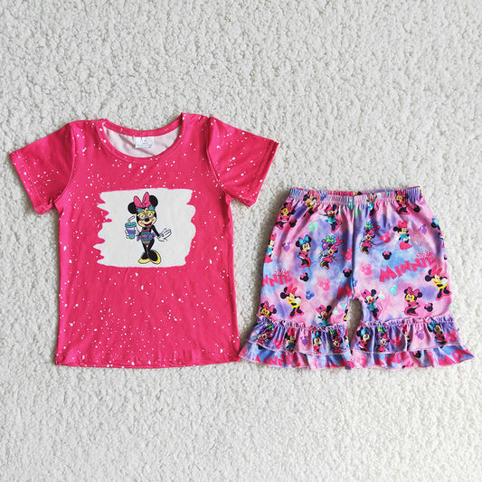 D12-28 Hot Pink Cartoon Baby Girls Summer Shorts Set