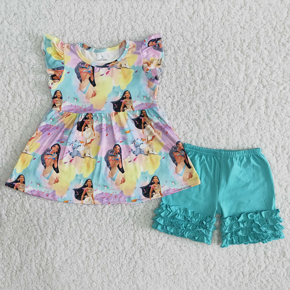 B4-2 Cartoon Princess Flutter Sleeve Blue Shorts Summer Set