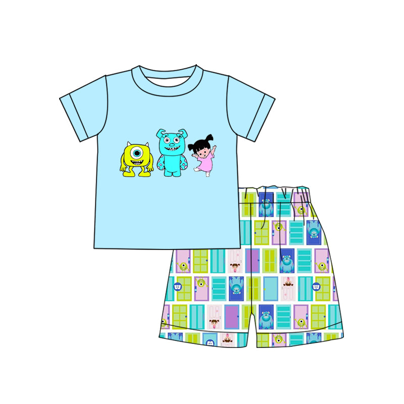custom S cartoon monster sky blue short sleeve shorts boys set