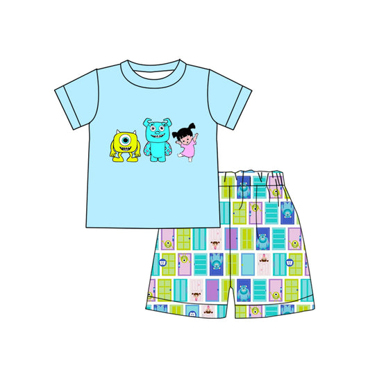 custom S cartoon monster sky blue short sleeve shorts boys set