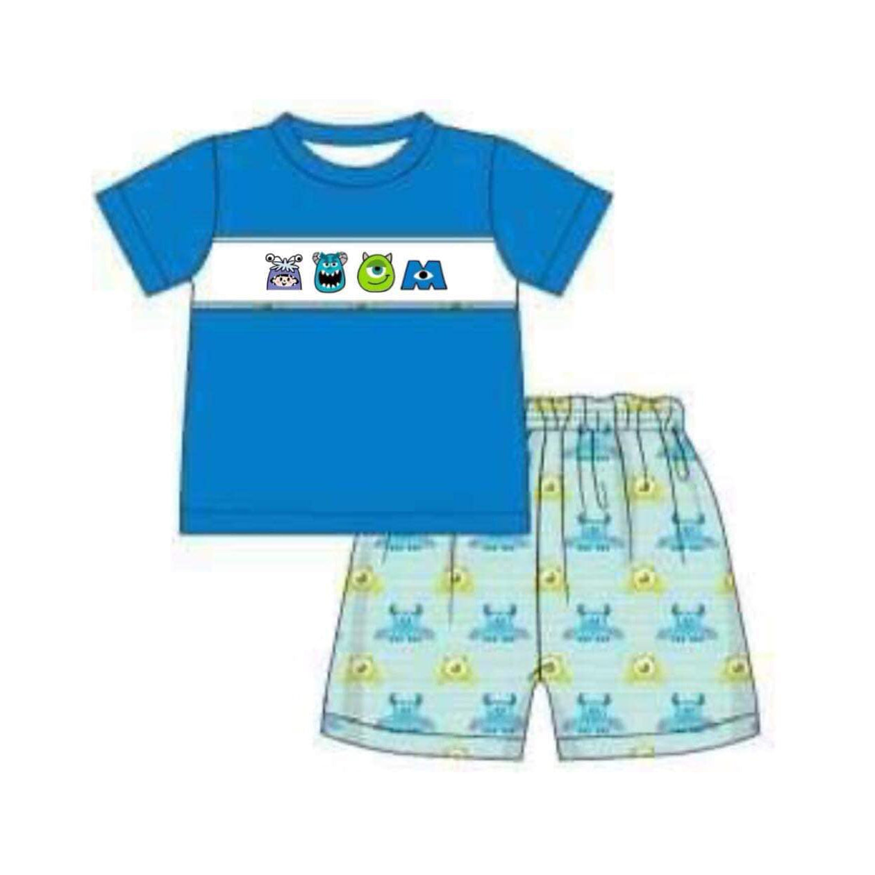 custom S cartoon monster blue short sleeve shorts boys set
